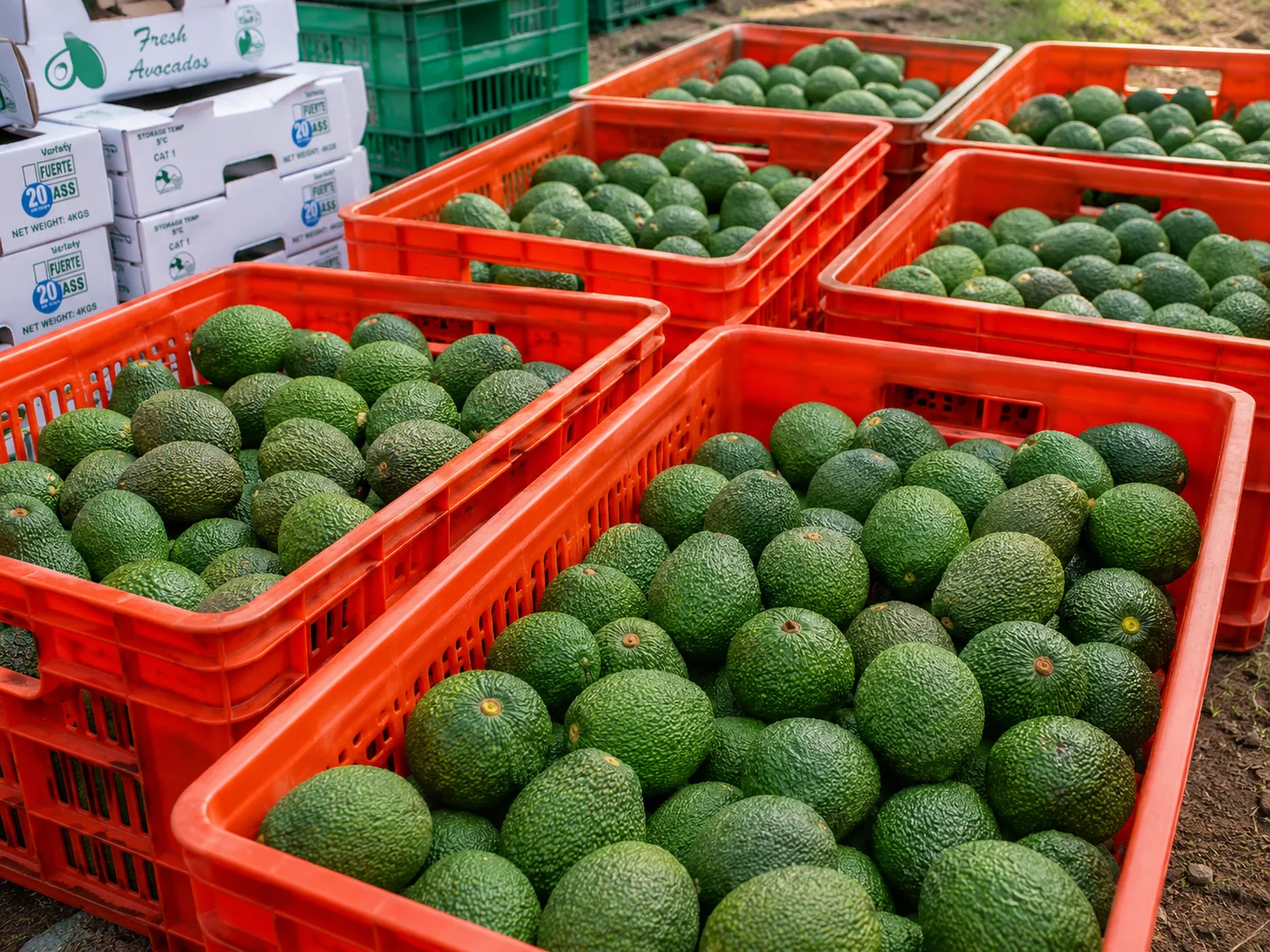 Avocados collected in produce crates